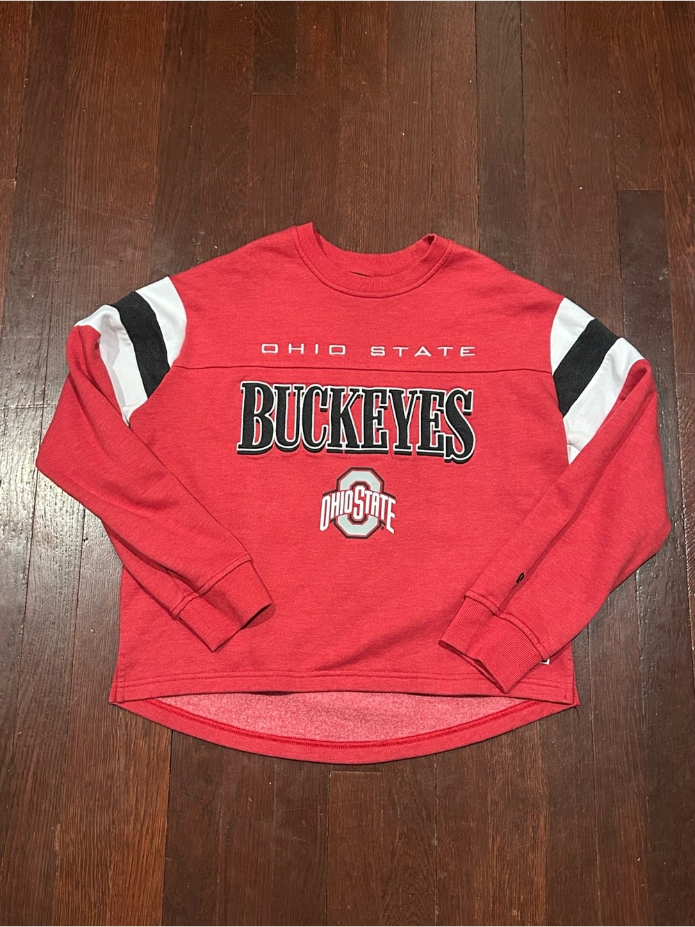 New Era Red Ohio State Buckeyes Crewneck Sweatshirt with Black & White Stripes